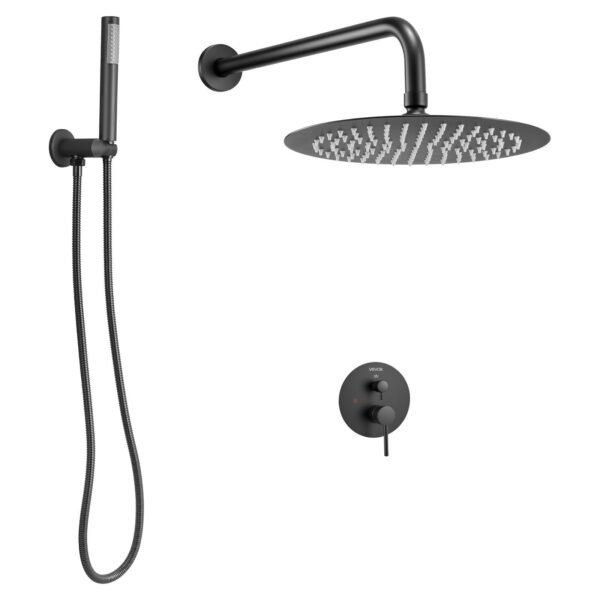 Shower Faucet Set, Rainfall Bathroom Shower System With 10-Inch Round Rain Shower Head And Handheld Spray, Wall Mounted Bath Fixtures With Brass Valve And Trim Kit, Matte Black