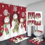 Christmas Shower Curtain Suit With Non-slip Carpet Toilet Lid And Bath Mat Snowman Shower Curtain Snowflake Decorative Cover Punch-free - Image 5