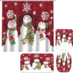 Christmas Shower Curtain Suit With Non-slip Carpet Toilet Lid And Bath Mat Snowman Shower Curtain Snowflake Decorative Cover Punch-free - Image 3