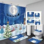 Christmas Shower Curtain Suit With Non-slip Carpet Toilet Lid And Bath Mat Snowman Shower Curtain Snowflake Decorative Cover Punch-free - Image 2