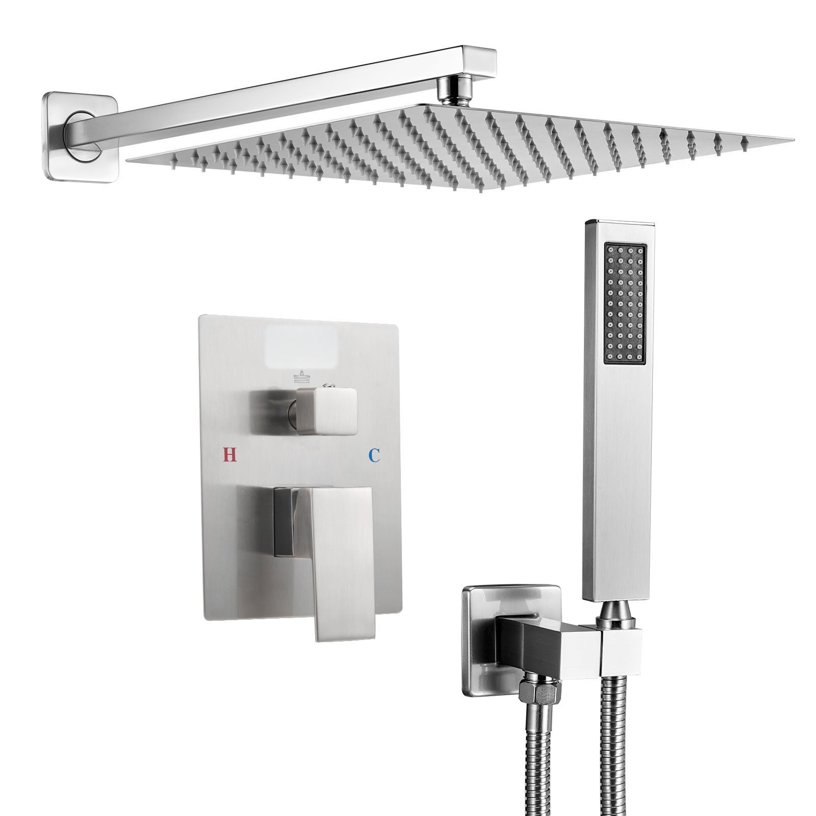 8558feb6-d9cf-4c85-b83f-16a76637721c.jpg Shower Faucet Set, Rainfall Bathroom Shower System With 12-Inch Square Rain Shower Head And Handheld Spray, Wall Mounted Bath Fixtures With Brass Valve And Trim Kit, Brushed Nickel - Image 1