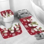 Christmas Shower Curtain Suit With Non-slip Carpet Toilet Lid And Bath Mat Snowman Shower Curtain Snowflake Decorative Cover Punch-free - Image 6