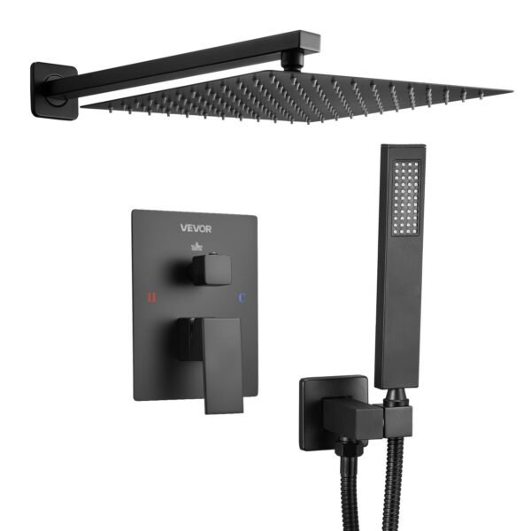 Shower Faucet Set, Rainfall Bathroom Shower System With 12-Inch Square Rain Shower Head And Handheld Spray, Wall Mounted Bath Fixtures With Brass Valve And Trim Kit, Matte Black