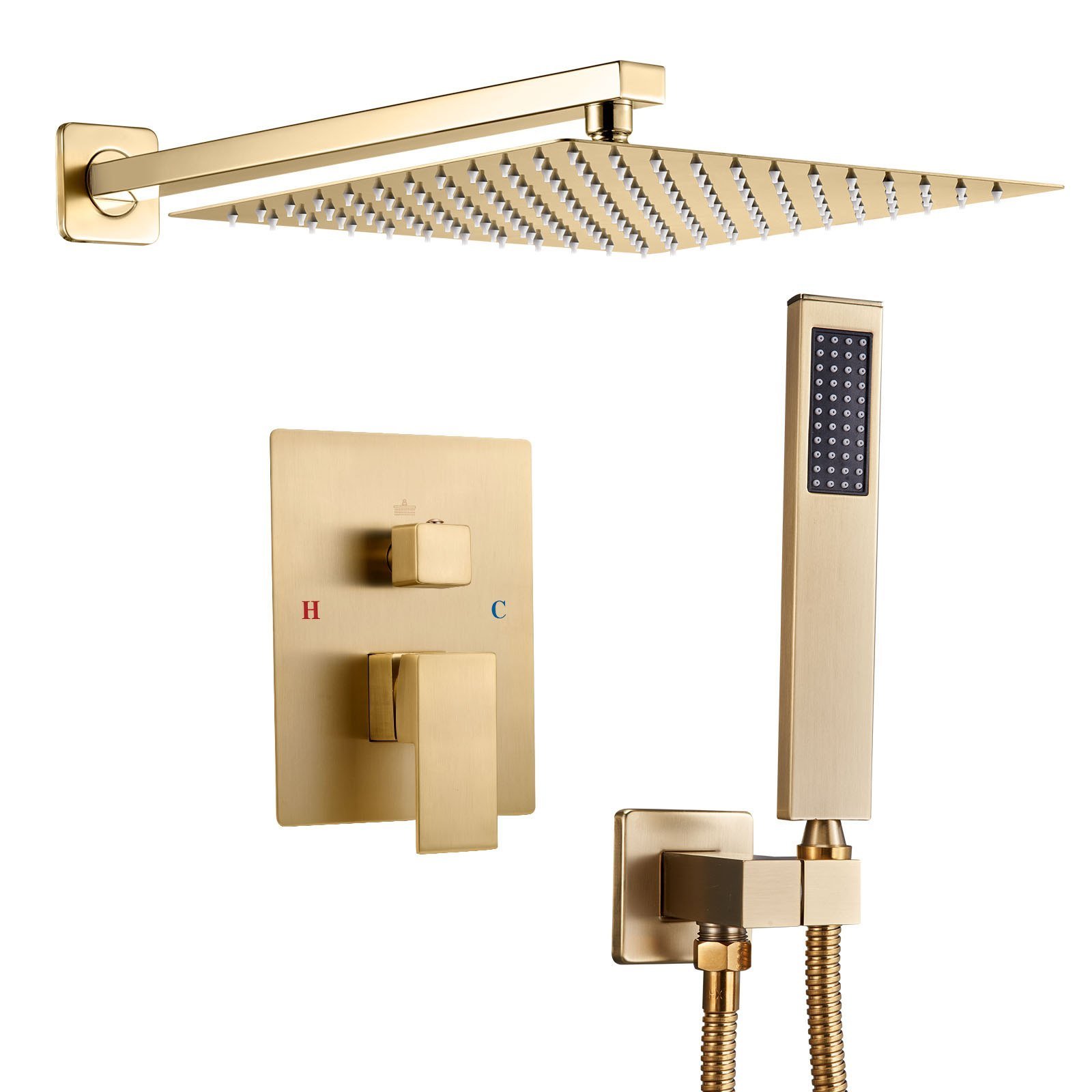 94565857-00ce-4293-9158-e50894c37f7b.jpg Shower Faucet Set, Rainfall Bathroom Shower System With 12-Inch Square Rain Shower Head And Handheld Spray, Wall Mounted Bath Fixtures With Brass Valve And Trim Kit, Brushed Gold - Image 1