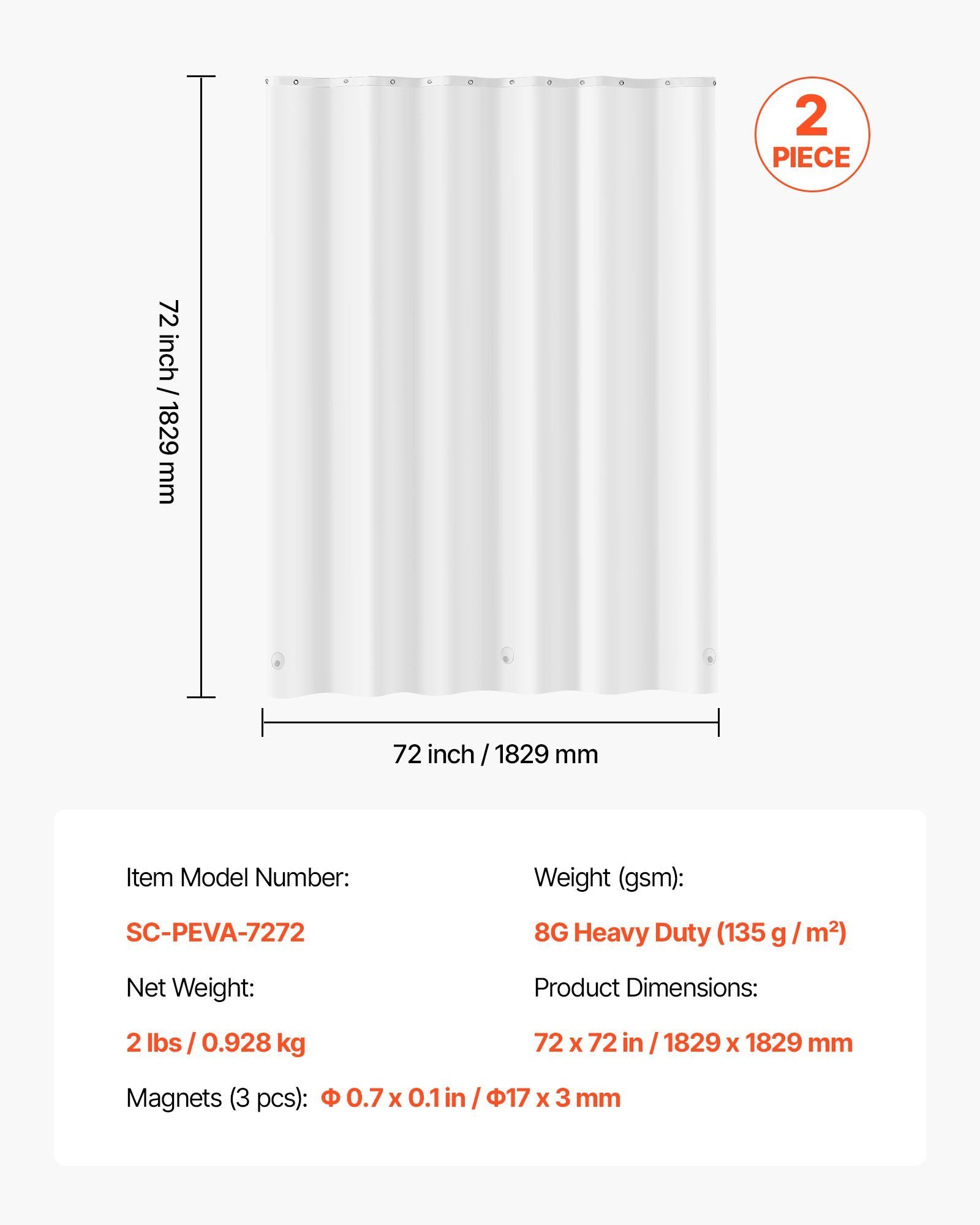 cddbaf6c-8922-4125-b8b0-7479c98c0327.jpg Shower Curtain Liner, 8G Heavy-Duty PEVA Shower Liner, 2-Pack Waterproof Plastic Liners With 3 Magnets And 12 Rust-Resistant Metal Grommet, For Bathroom Showers & Bath Tubs, 72 X 72 In (White) - Image 1